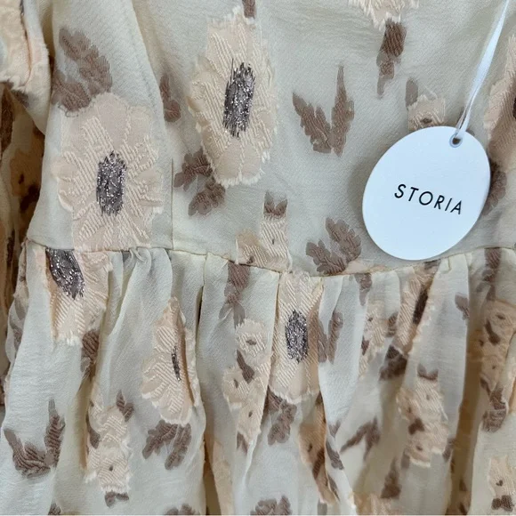 Storia Golden Floral Babydoll‎ Puff Sleeve Mini Dress Large Romantic Cottage NEW - Picture 8 of 16